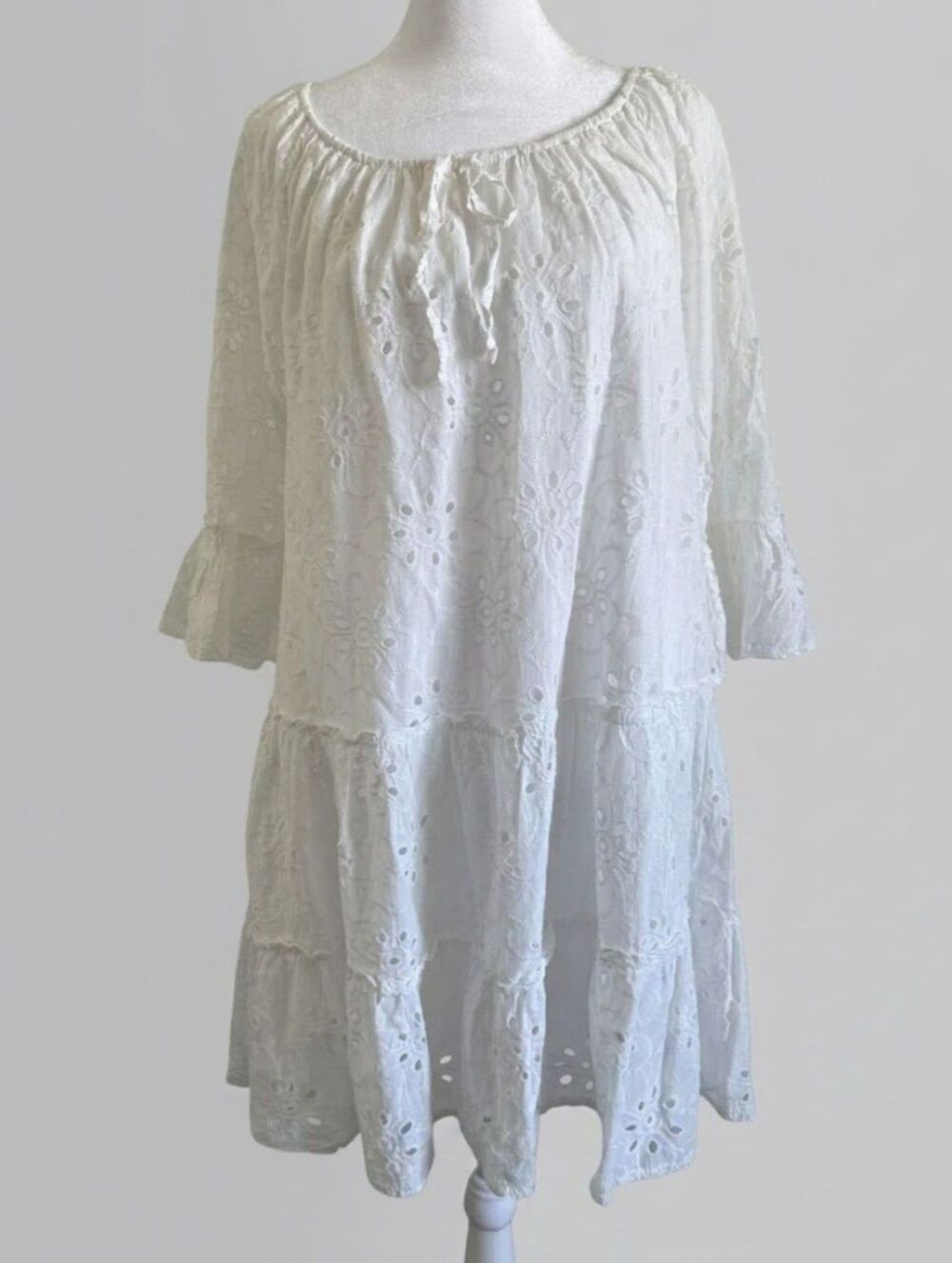 Valentina Nali White Cotton Dress Eyelet Flowy Beach Coastal Made in Italy Sz S